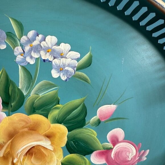 Vintage Turquoise Toleware Pilgrim Art Oval Tray 155 Reticulated Hand Painted - Picture 4 of 10